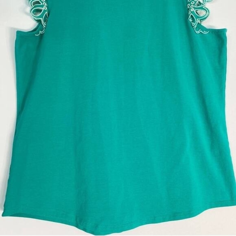 Chico's Eyelet Flutter Cap Sleeve Tee Tropical Jade Teal Lace Stretch - L - Picture 7 of 12